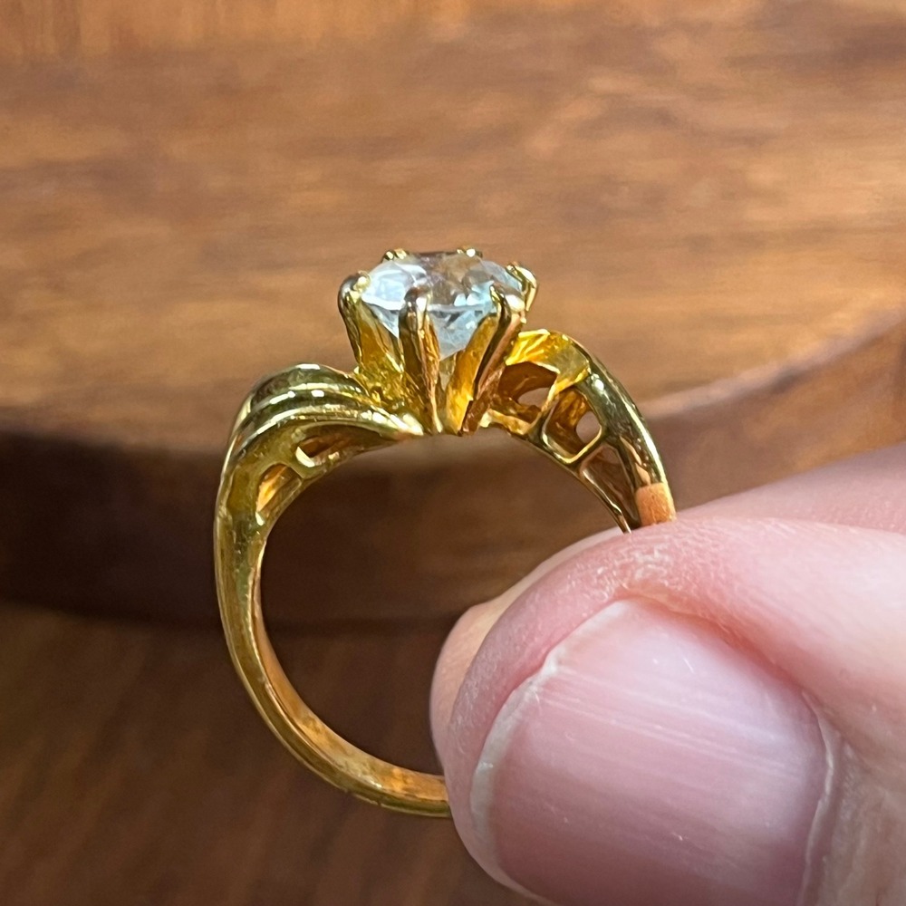 Vtg Gold Plated Aquamarine Solitaire Bypass Ring Size 6.75 Round Blue Stone - Picture 5 of 9